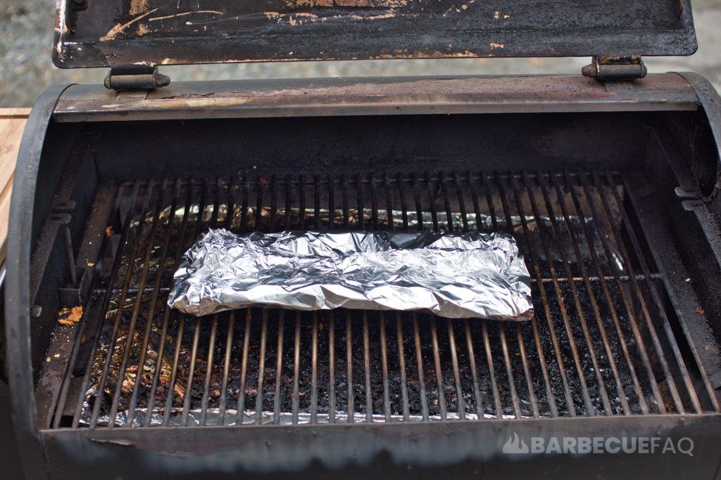 ribs wrapped on pellet smoker