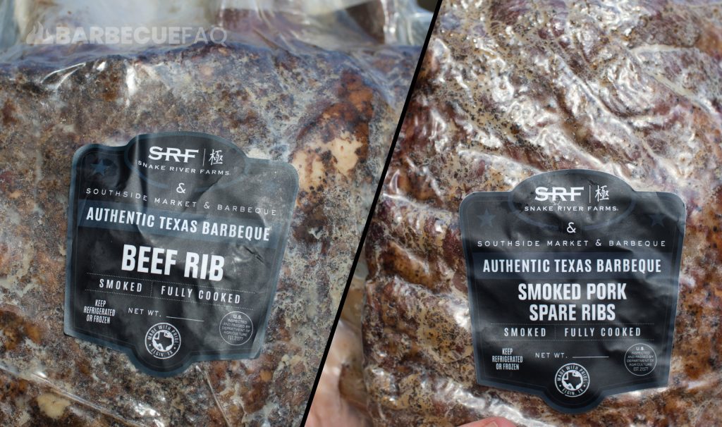 Snake River Farms pre-smoked beef ribs and pork ribs in package