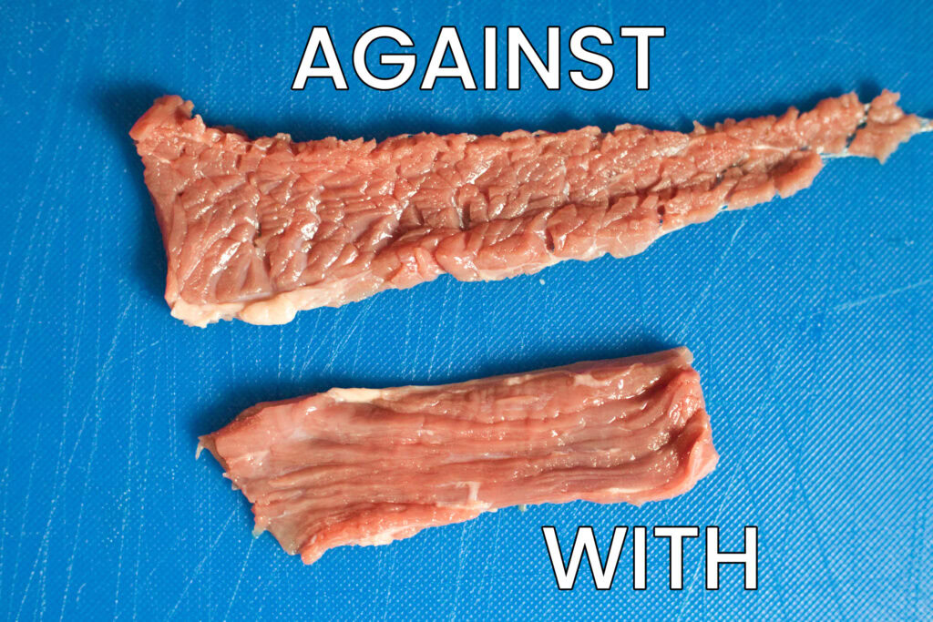 example of jerky sliced both with and against the grain to show the muscle fibers of the meat