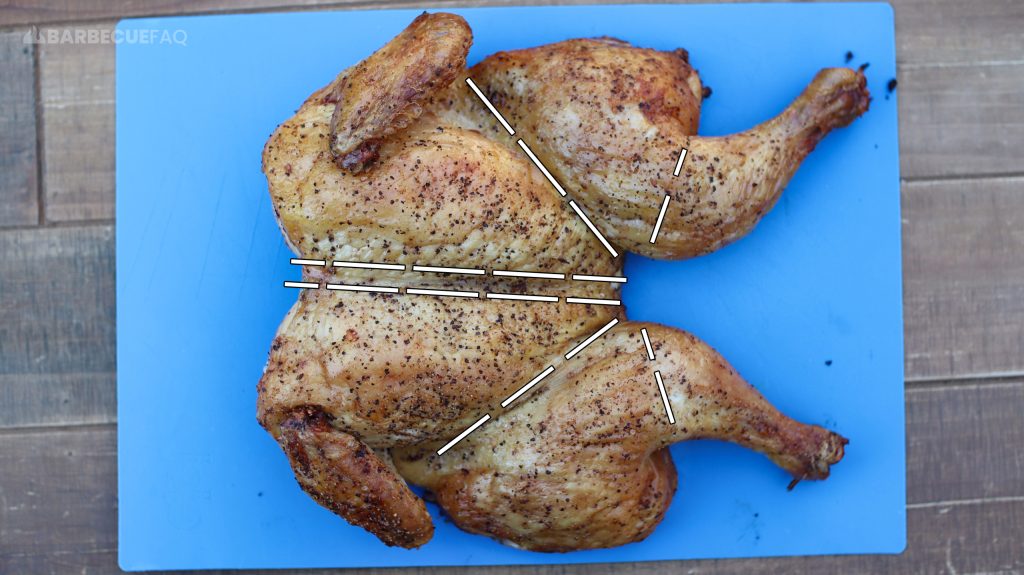 slicing spatchcocked chicken