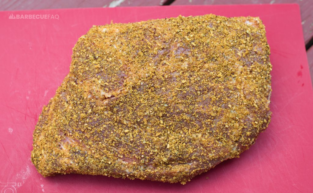 pork butt that used water to bind a honey mustard rub to the surface