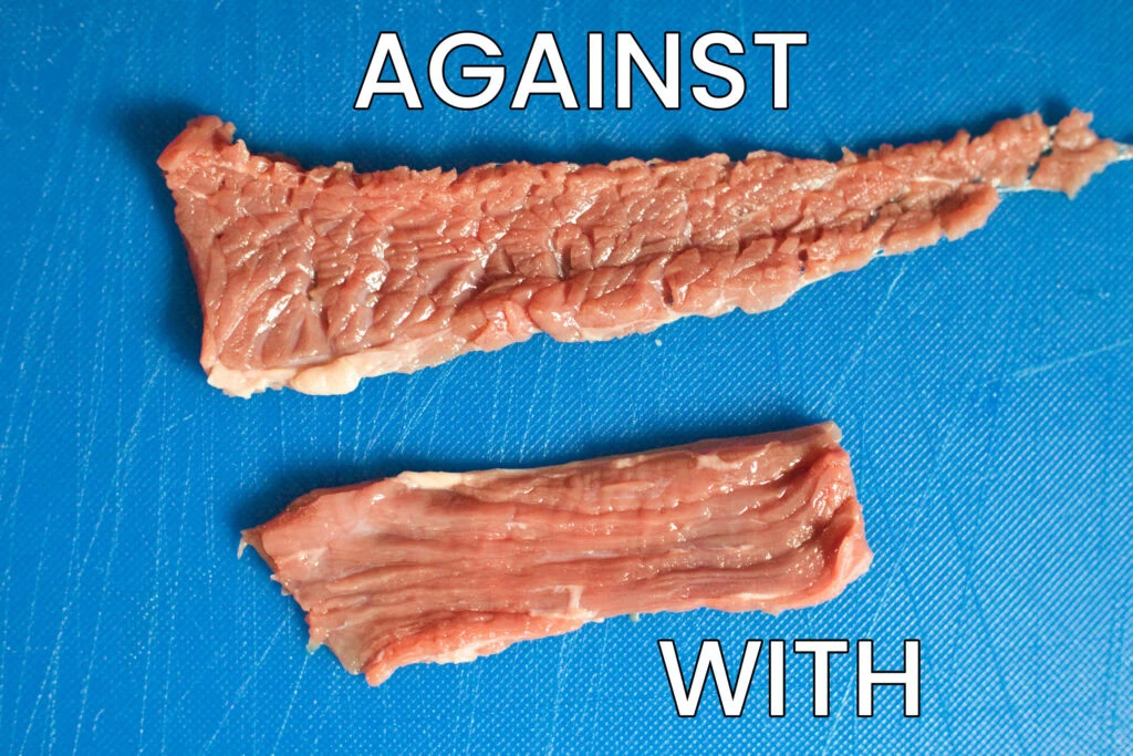 example of beef jerky sliced both with and against the grain