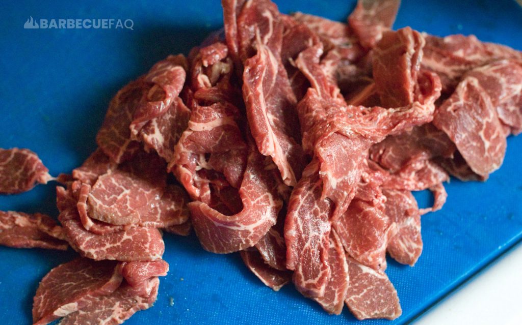 round tip beef sliced into jerky meat