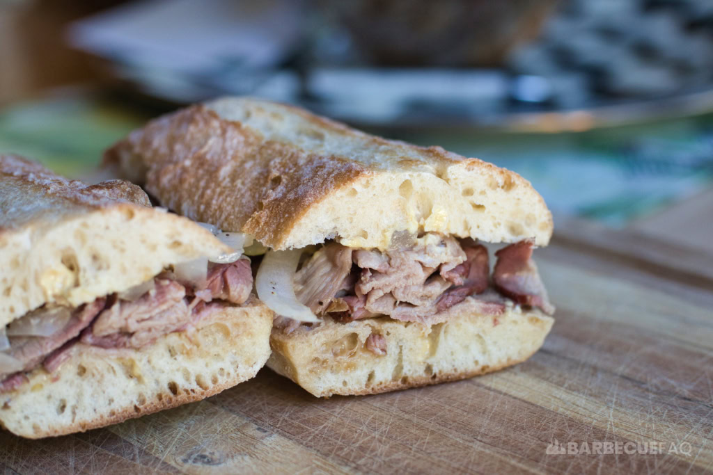 smoked sirloin tip roast beef french dip sandwich