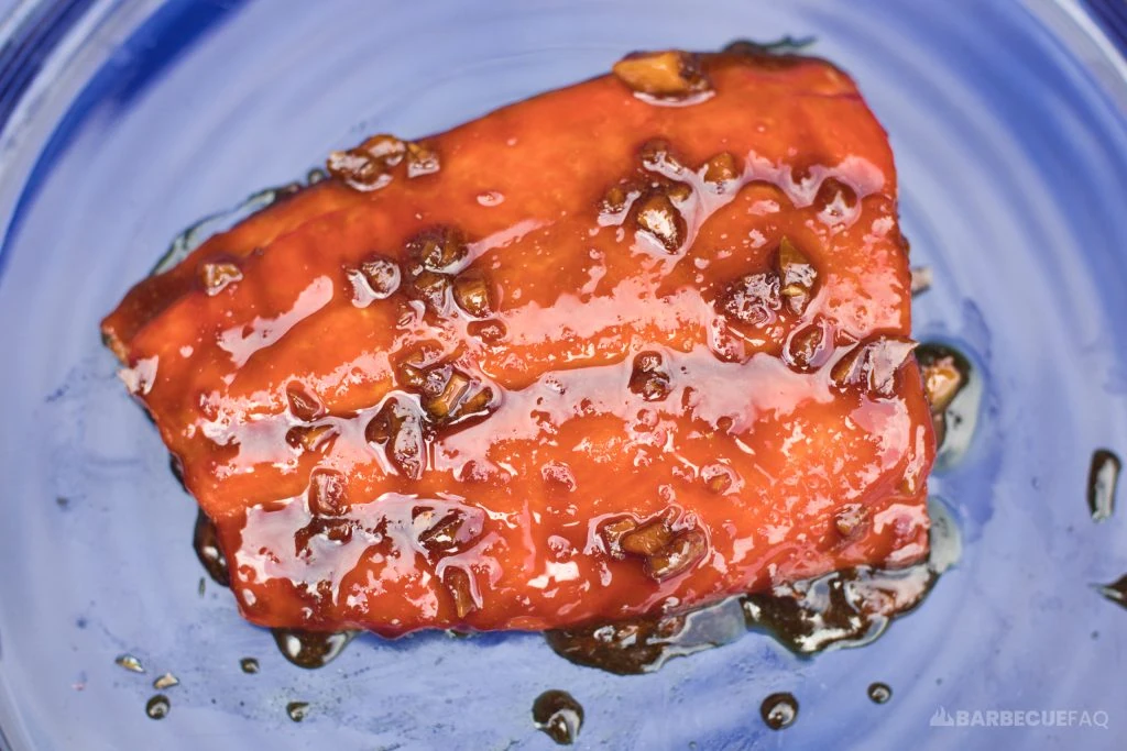 soy honey ginger salmon with glaze applied