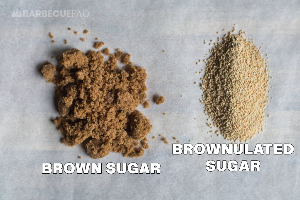 regular brown sugar next to brownulated sugar on a piece of parchment paper