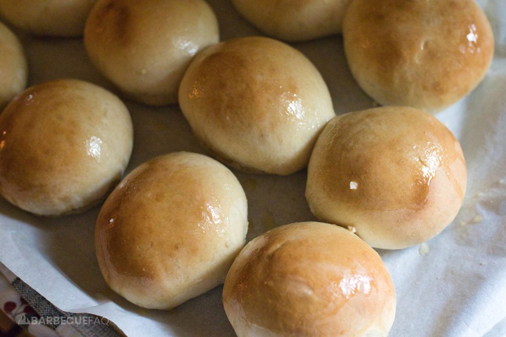 steakhouse rolls after baking. The tops are shining due to the garlic butter.